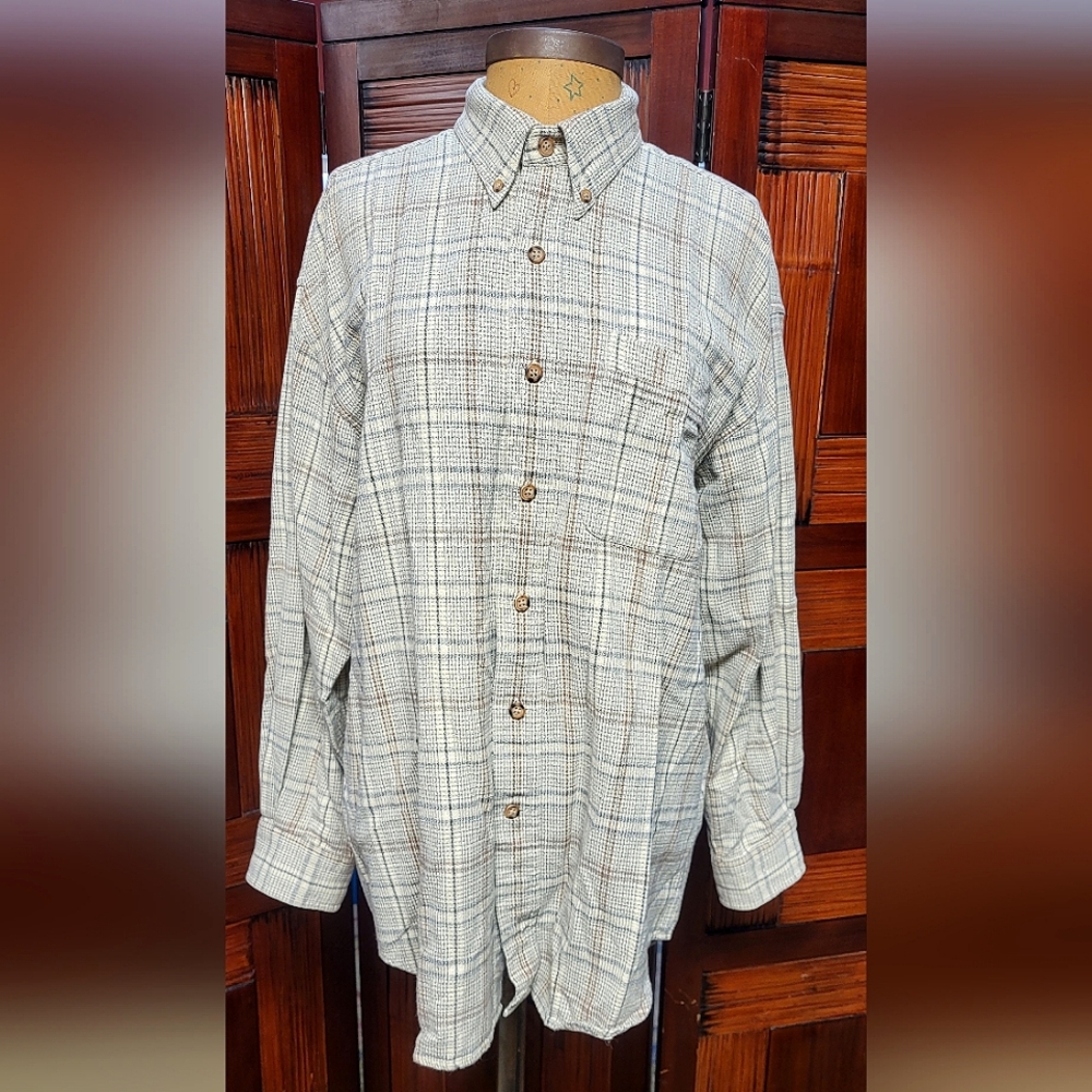 Men's Bob Timberlake Cotton Long Sleeve Plaid Button Up Grey Brown Size Medium